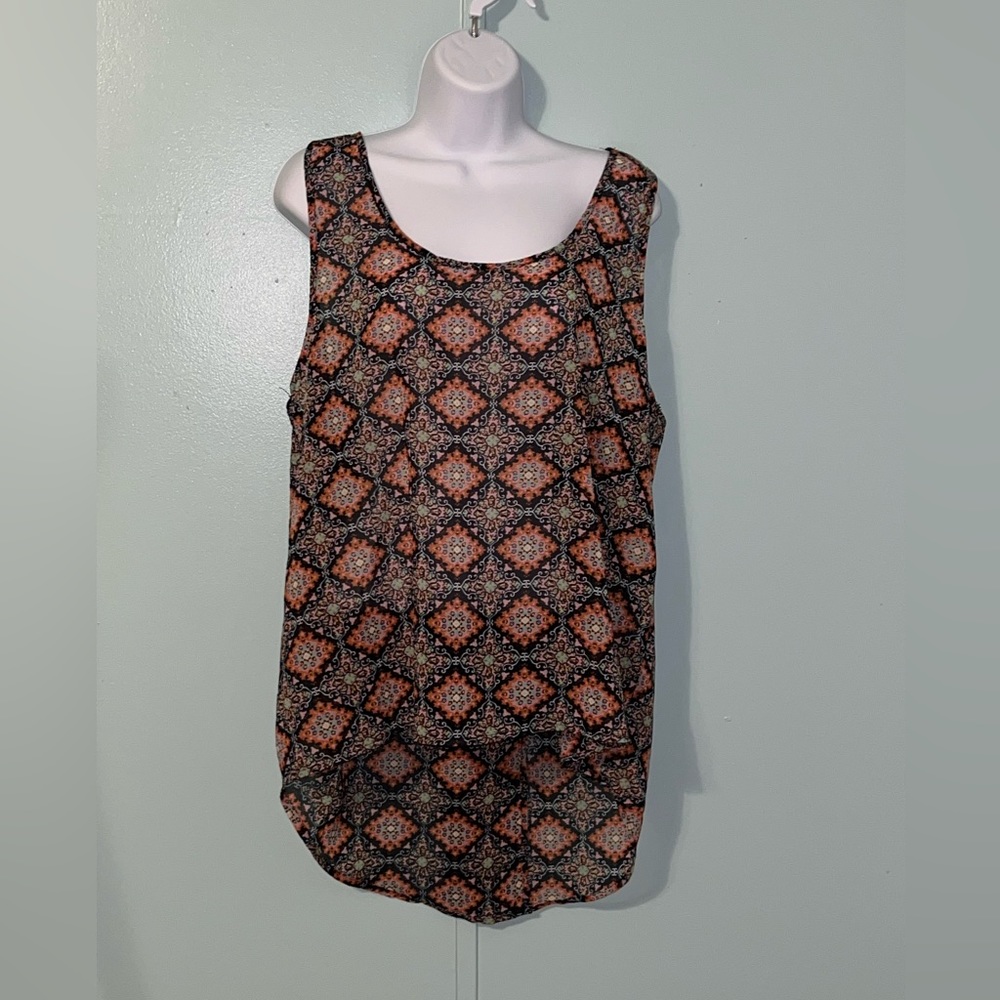 Mileage Blouse Sleeveless Size 1X‎ Multi Color Sheer Hi Low Open Back